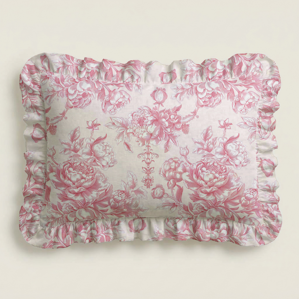 Floral patterned pillow with ruffled edge on a plain background