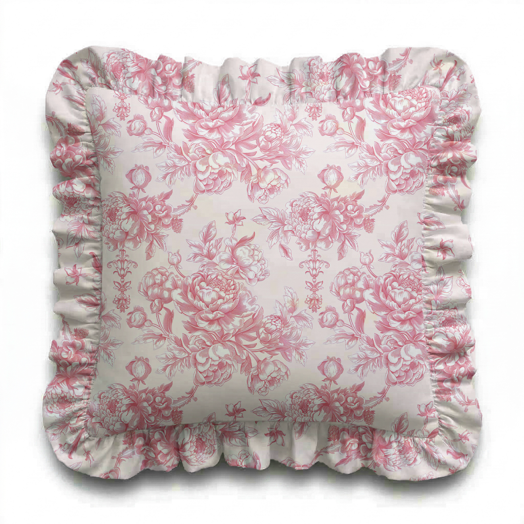 Floral patterned pillow with ruffled edge on a white background