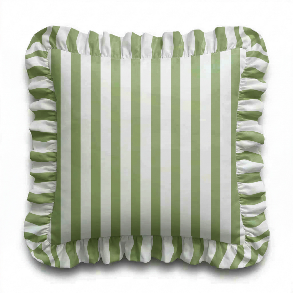 Green and white striped pillow with ruffled edges on a white background