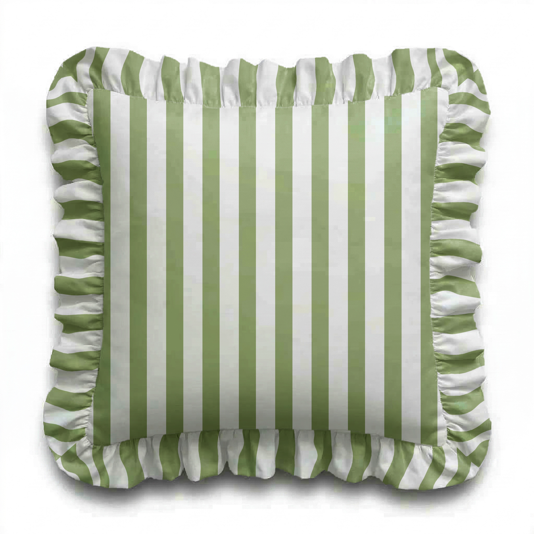 Green and white striped pillow with ruffled edges on a white background
