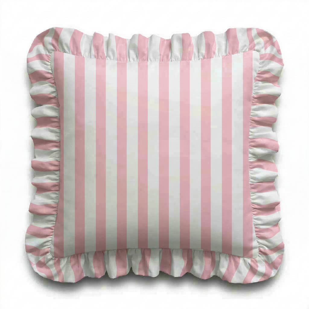 Pink and white striped pillow with ruffled edges on a white background