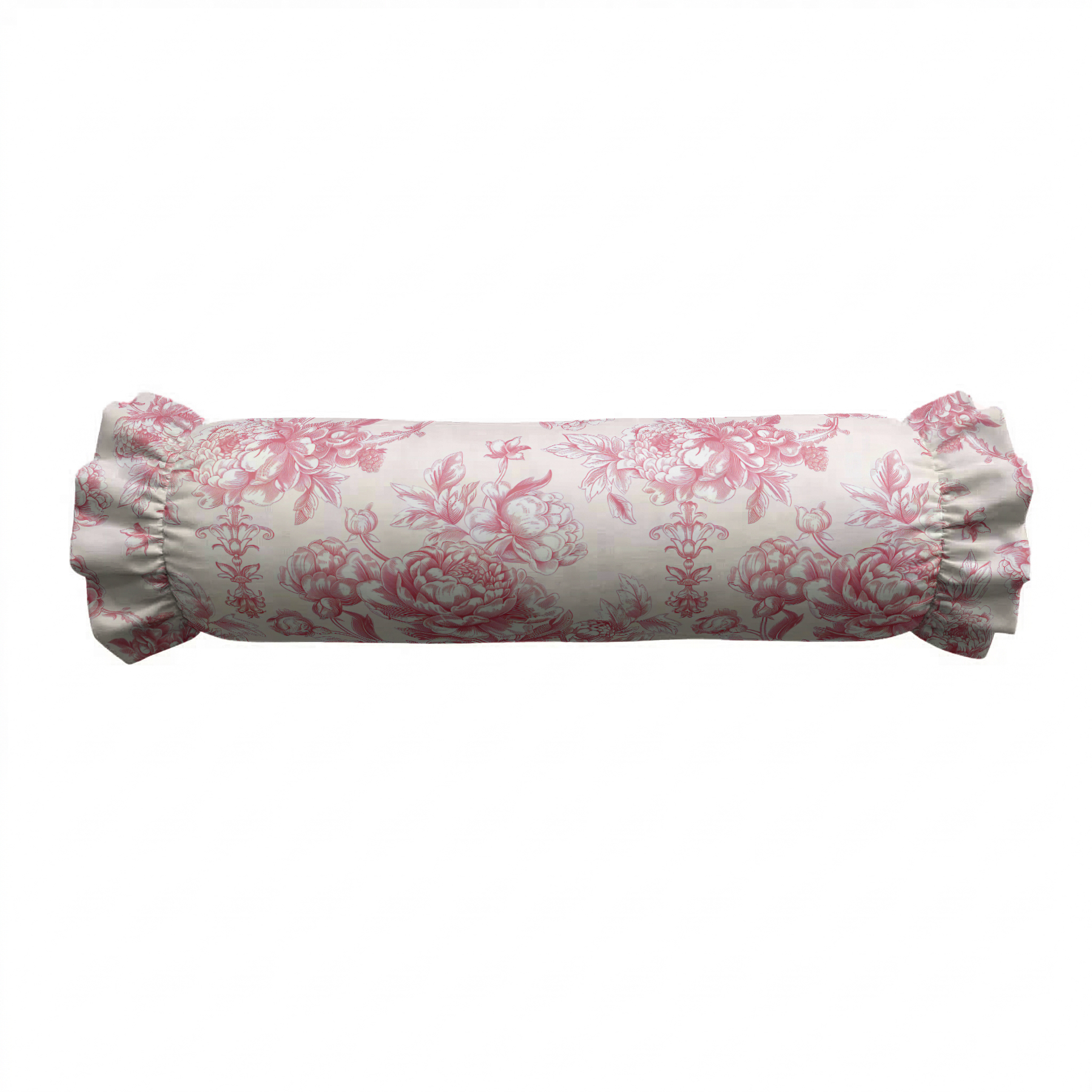 Roll-shaped pillow with pink floral pattern on a white background