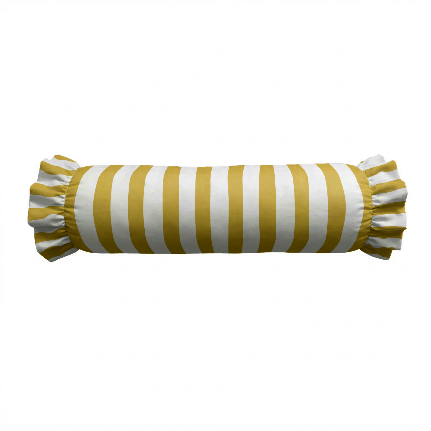 Roll-shaped pillow with yellow and white stripes on a white background