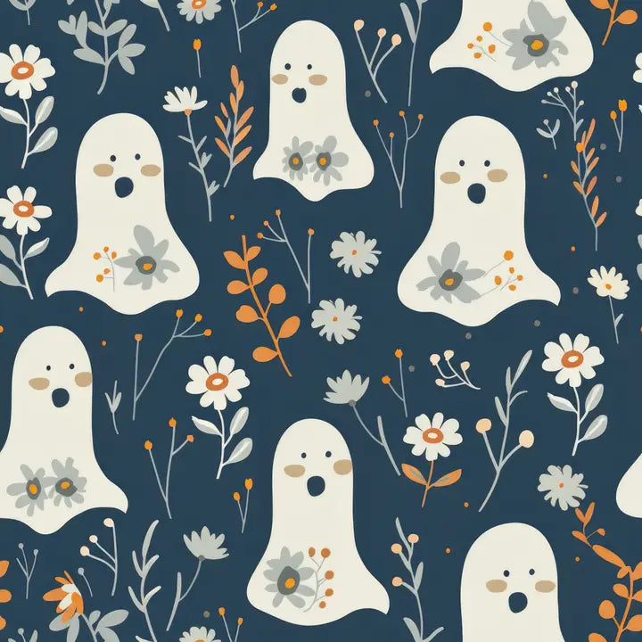 A repeating Halloween-style pattern featuring cream ghost shapes with surprised faces, scattered white and gray flowers, and orange botanical stems on a dark navy background.