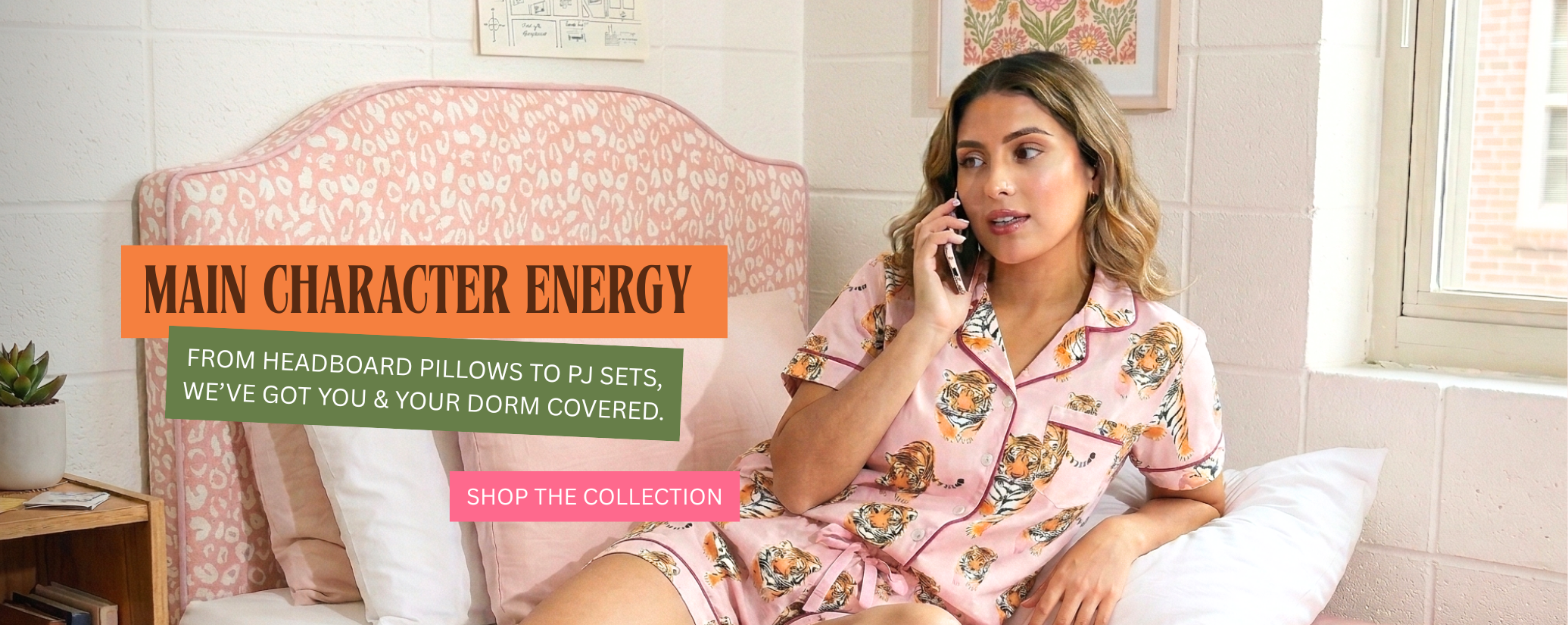 Woman in floral pajamas sitting on a bed, talking on a phone with promotional text overlay.