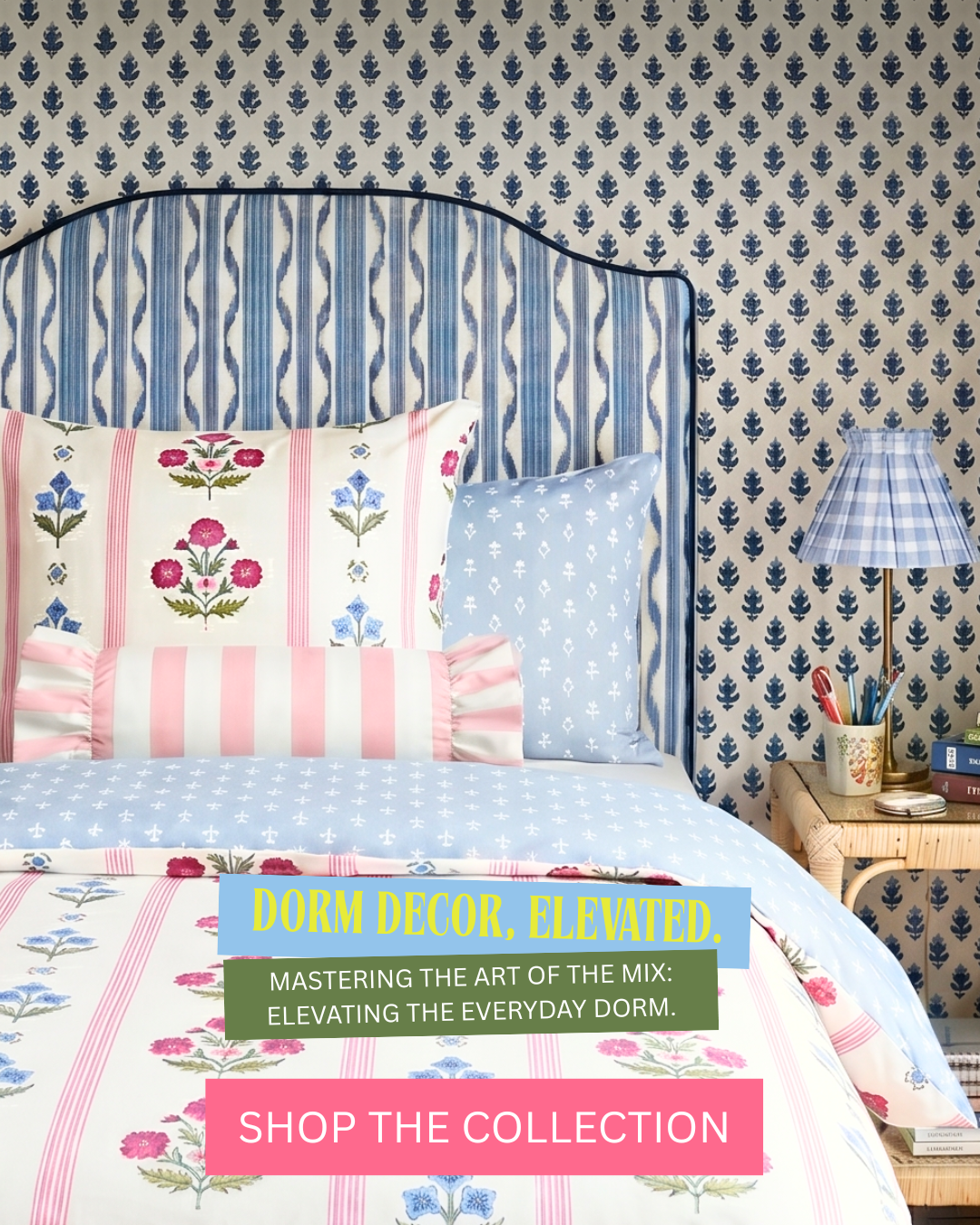 Decorative bedroom scene with floral bedding and patterned wallpaper, featuring text about dorm decor.