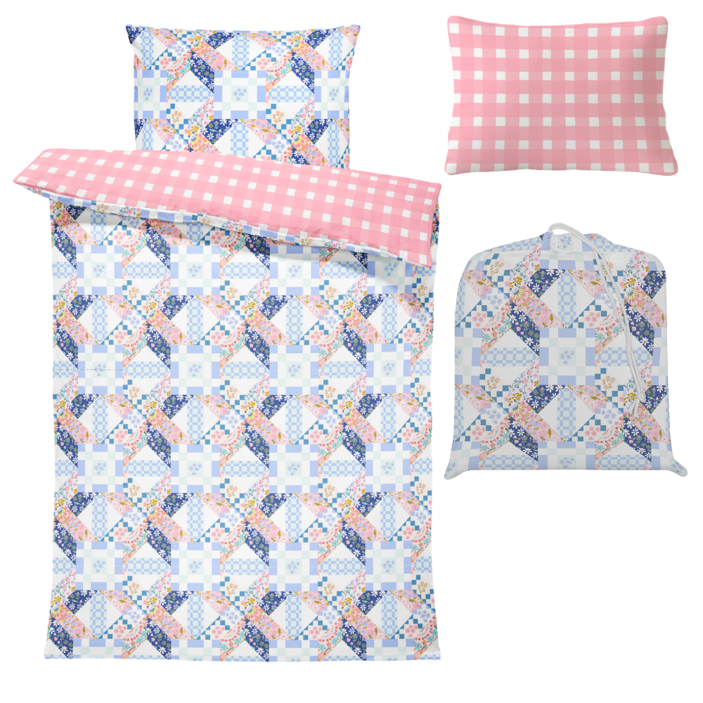 Bedding set with geometric pattern and checkered pillowcases on a white background