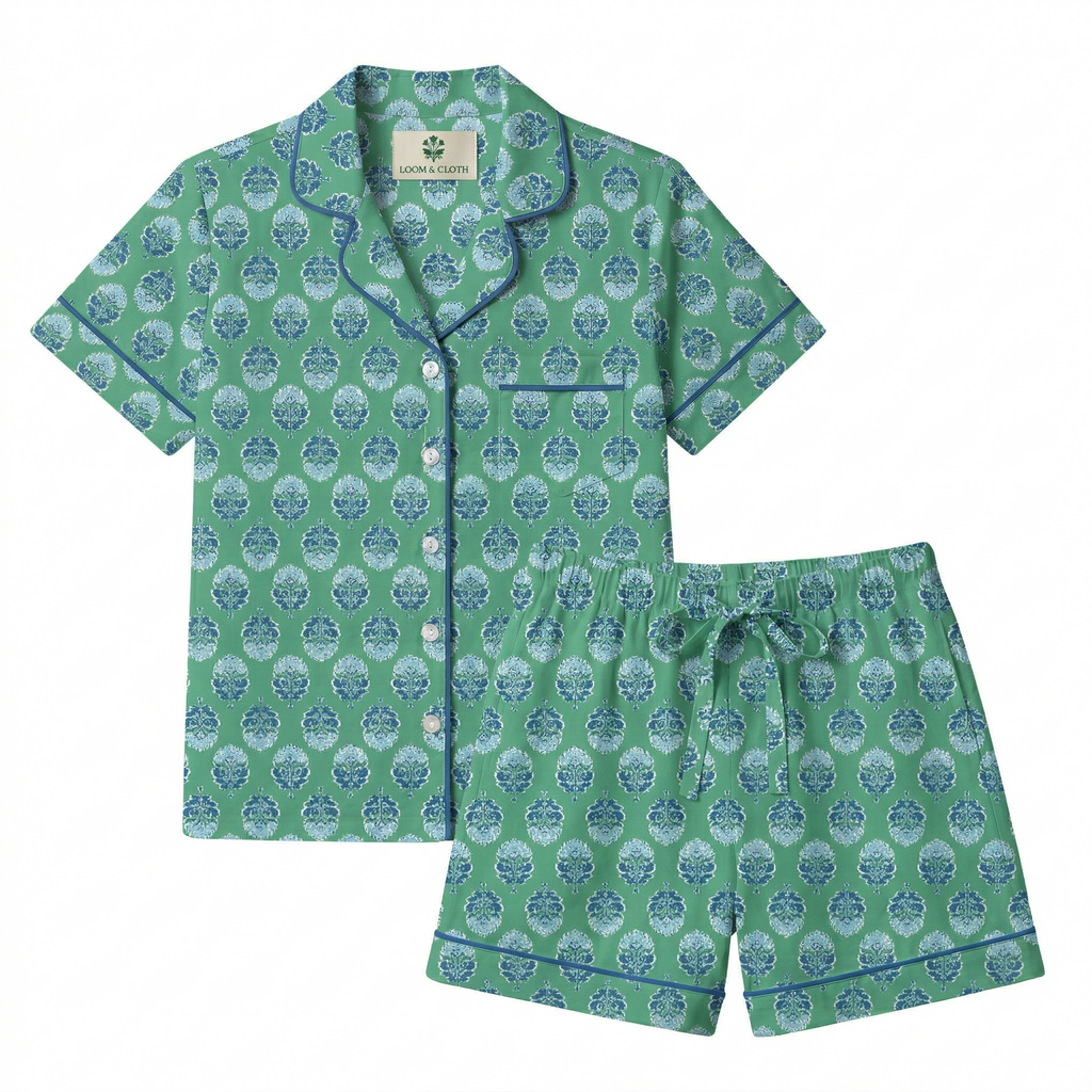 Green patterned pajama set with shirt and shorts on a white background