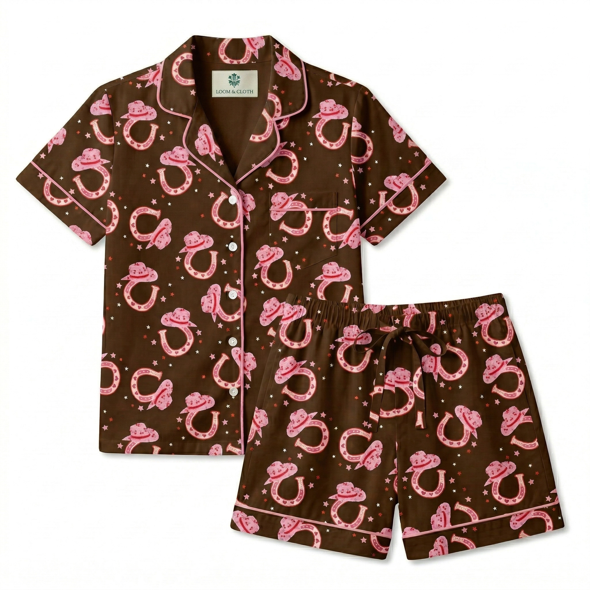 Brown pajama set with pink cowboy hats and horseshoe pattern on a white background
