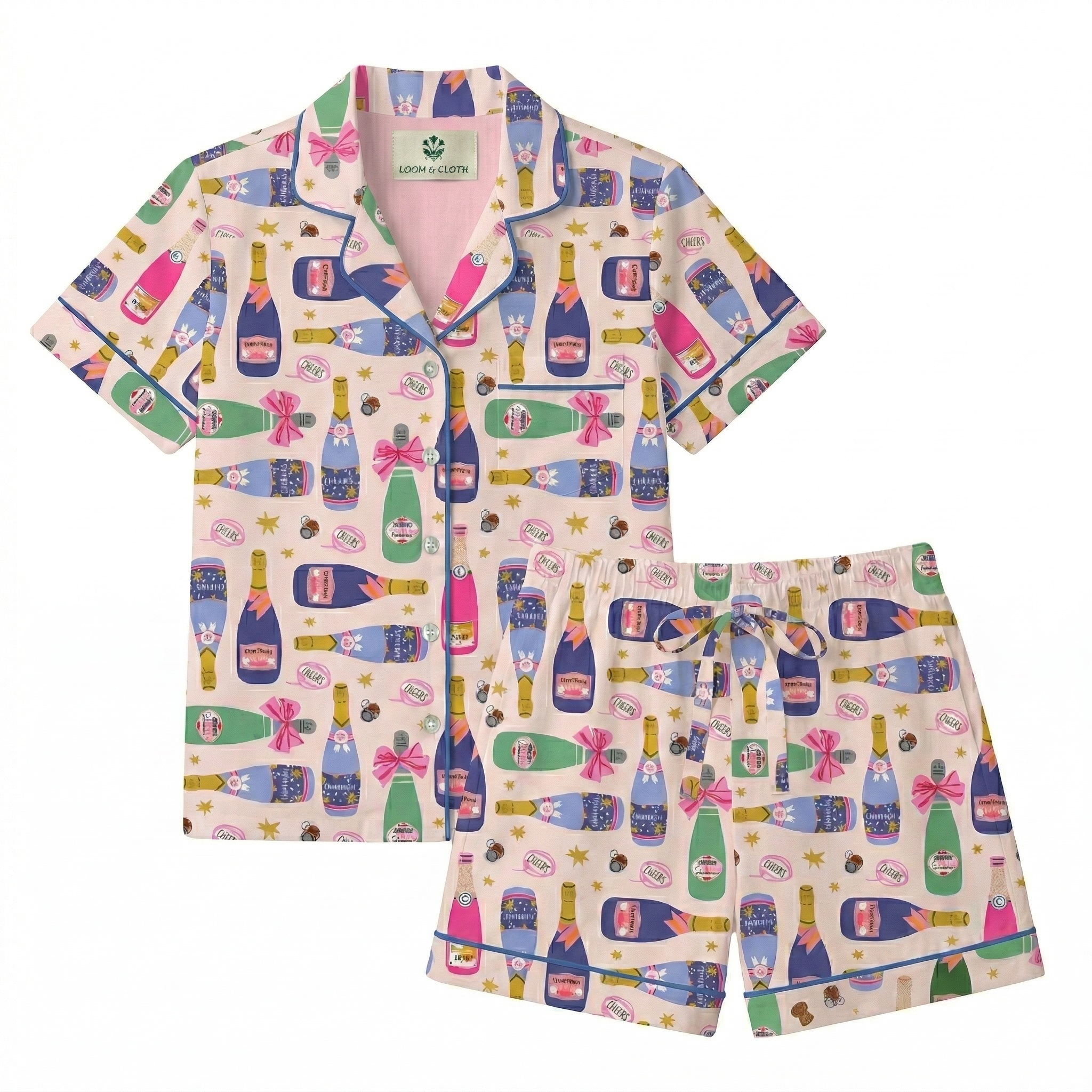 Pajama set with champagne bottle and bow pattern on a white background