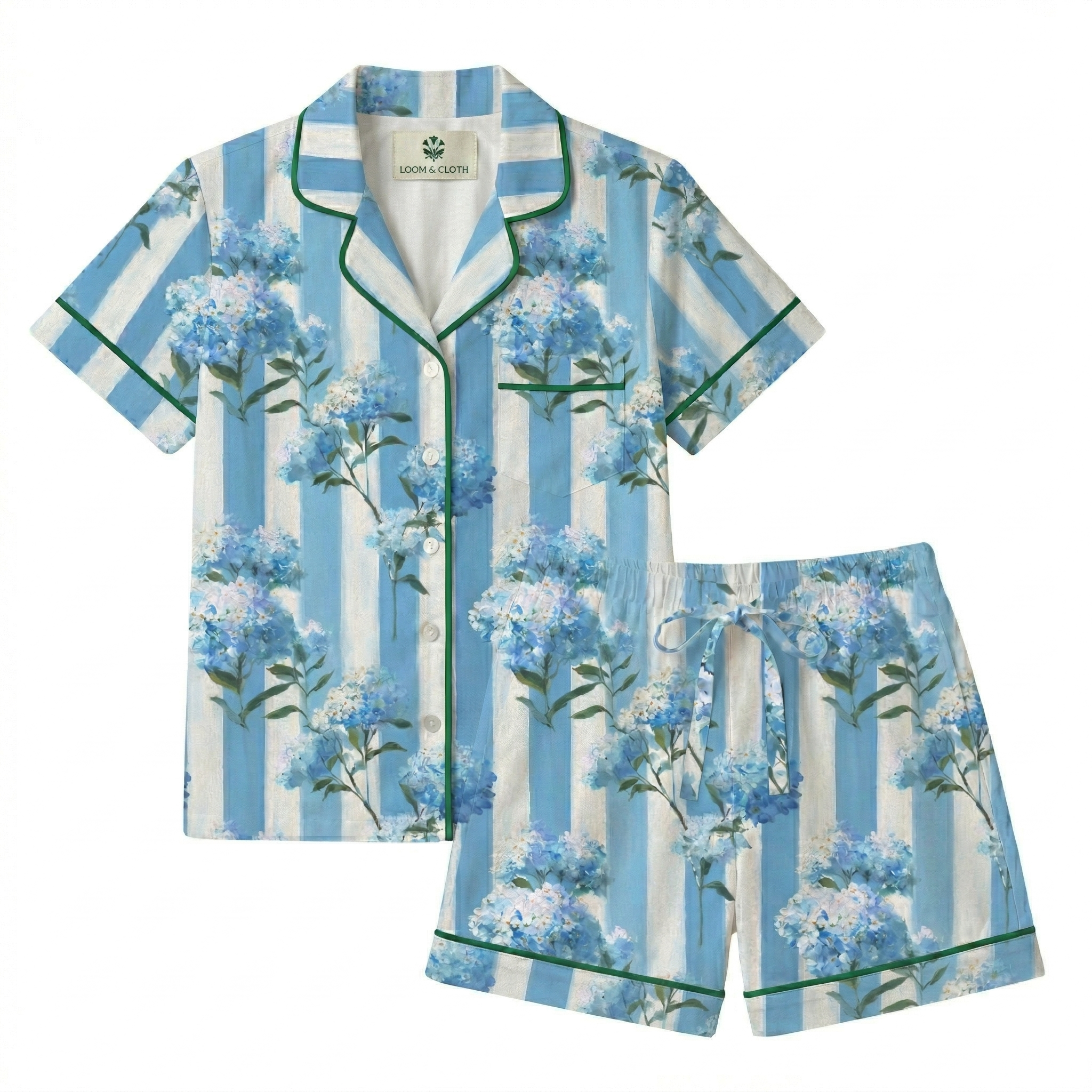 Blue and white striped pajama set with floral patterns on a white background