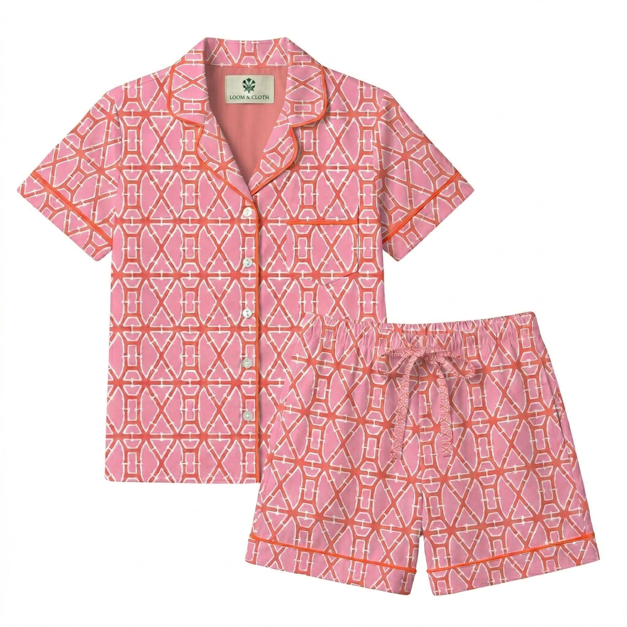 Pink and orange geometric patterned pajama set on a white background