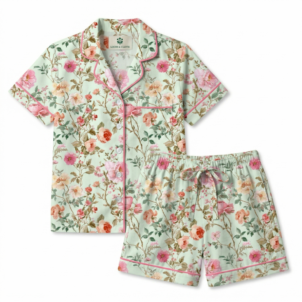 Floral pajama set with matching shirt and shorts on a white background
