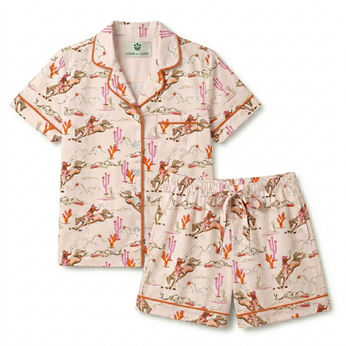 Children's pajama set with cowboy pattern on a white background