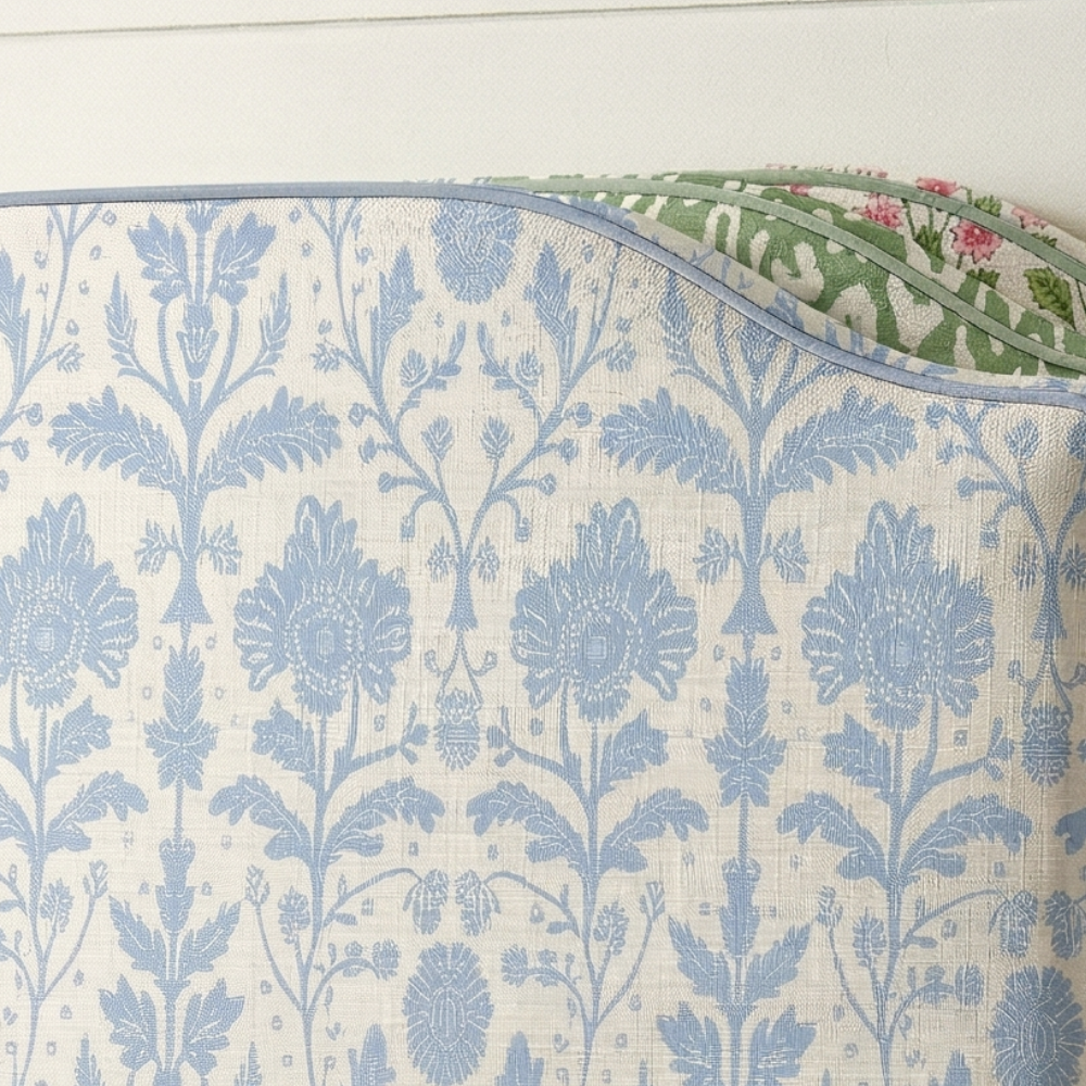 Close-up of floral fabric with blue and green patterns on a white background
