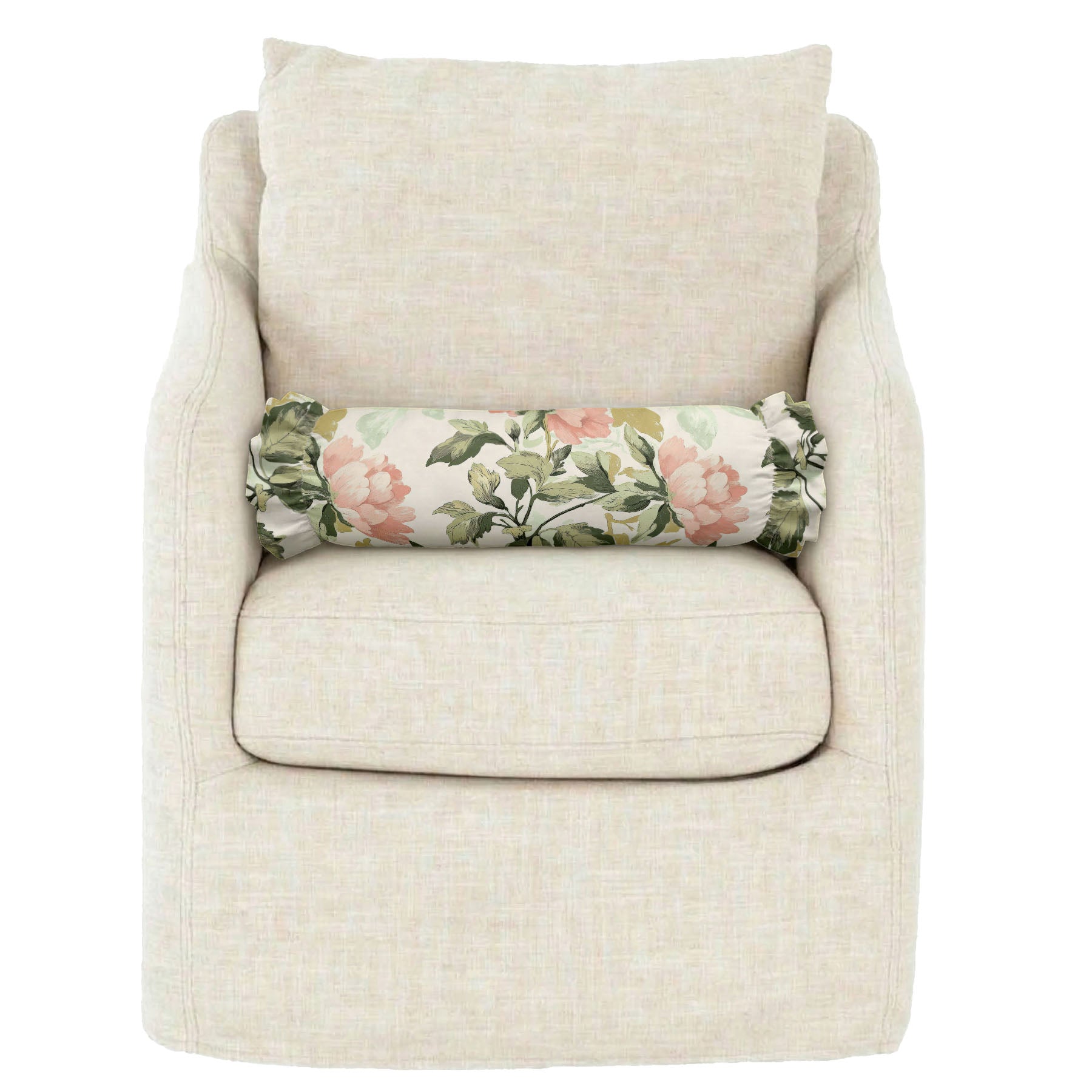 Beige armchair with a floral pillow on a white background