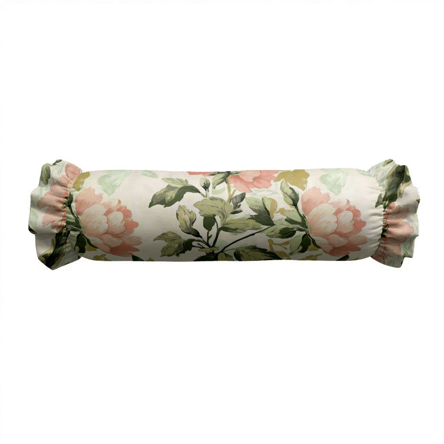 Floral-patterned cylindrical pillow on a white background