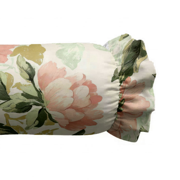 Floral patterned cylindrical pillow on a white background