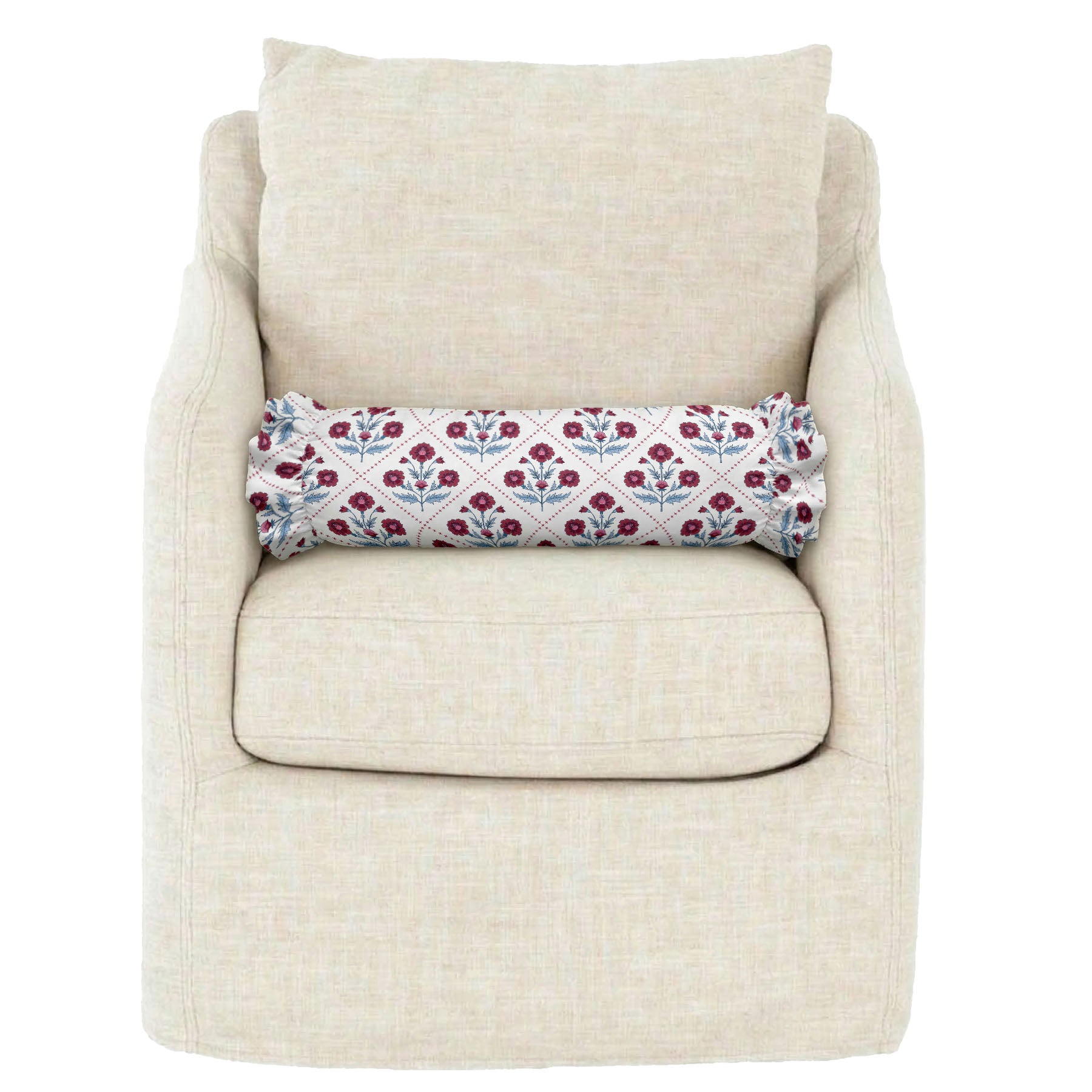 Beige armchair with a floral-patterned cylindrical pillow on a white background