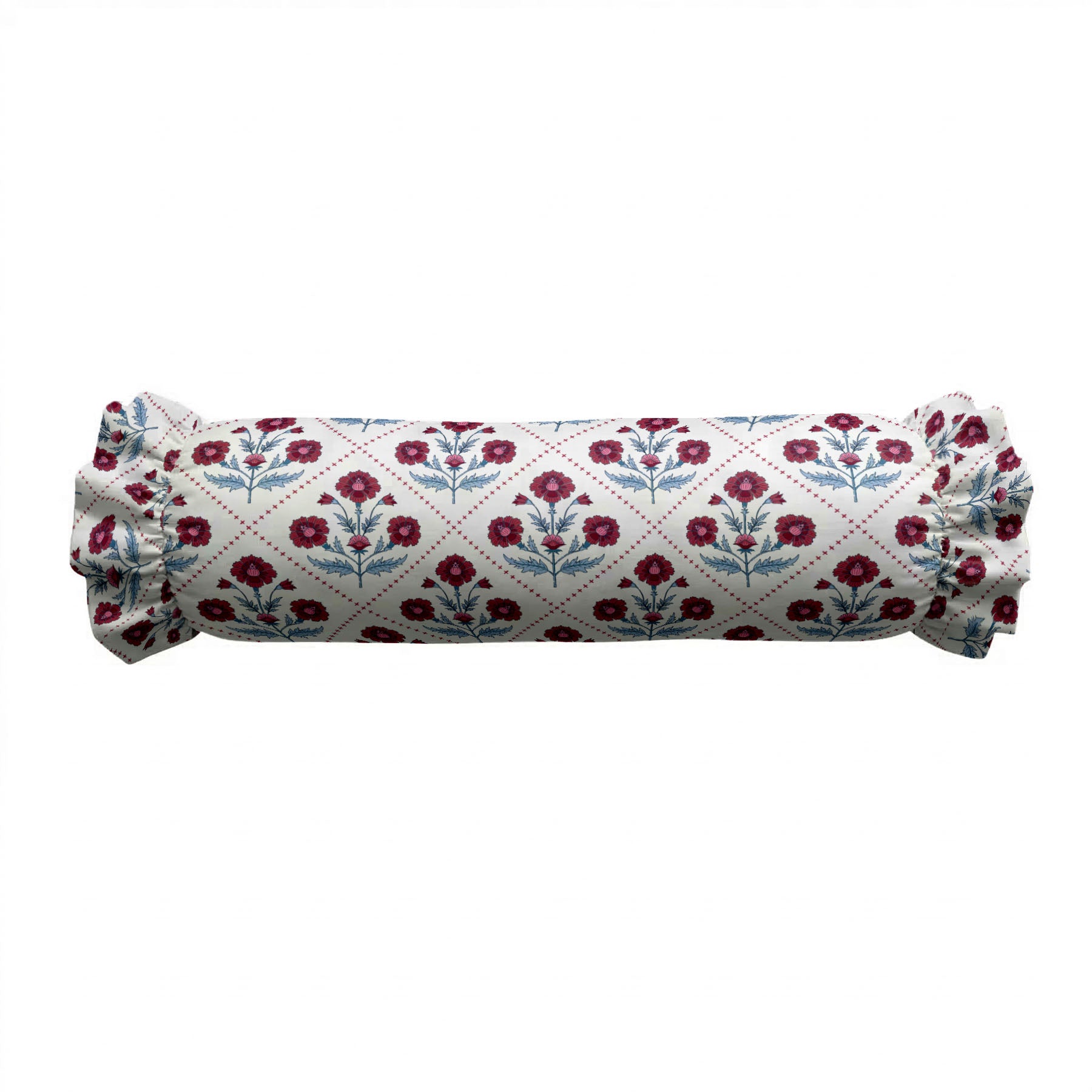 Floral patterned cylindrical pillow on a white background