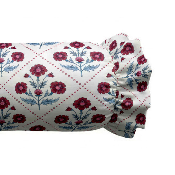 Floral patterned fabric with red flowers and blue leaves on a white background