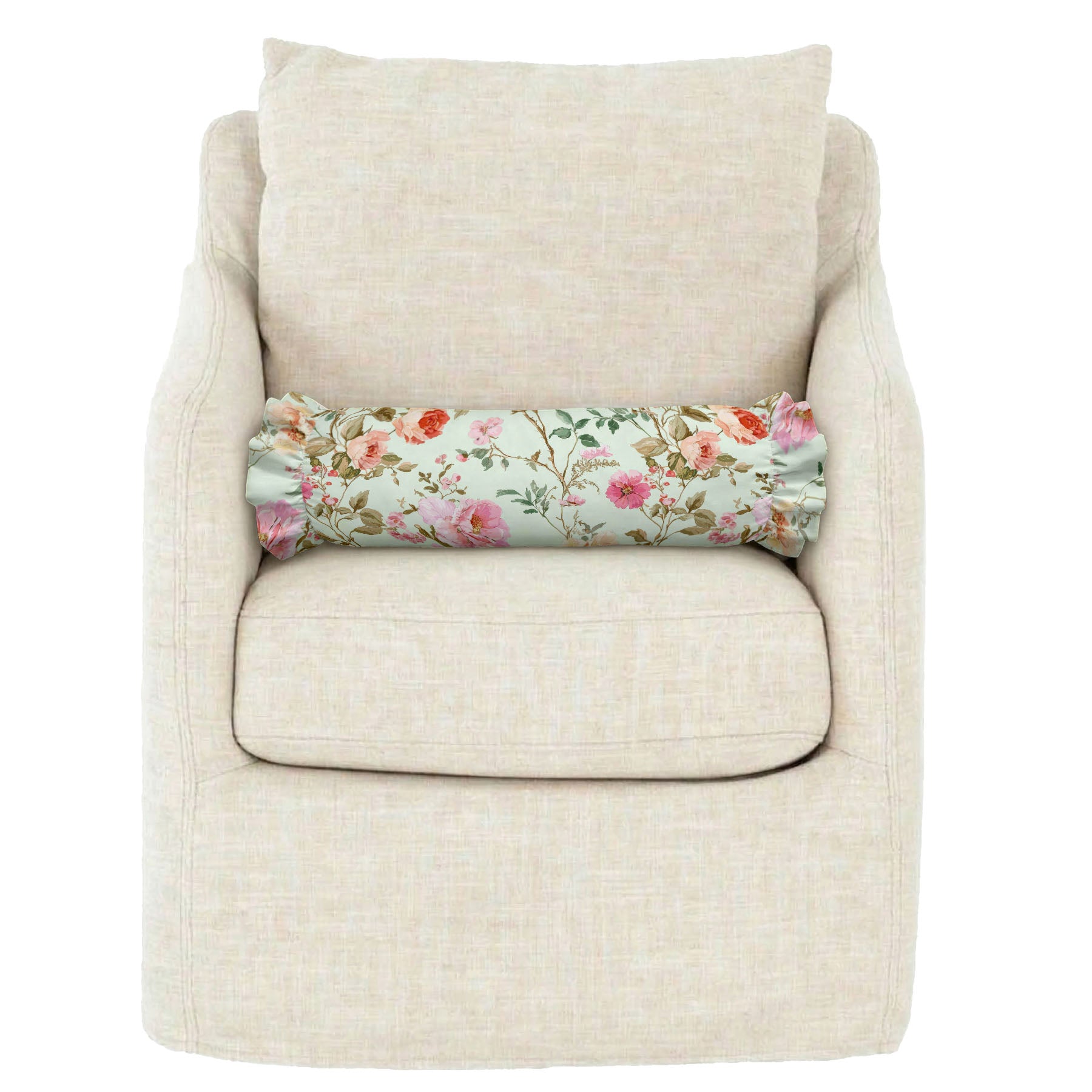 Beige armchair with a floral-patterned cushion on a white background
