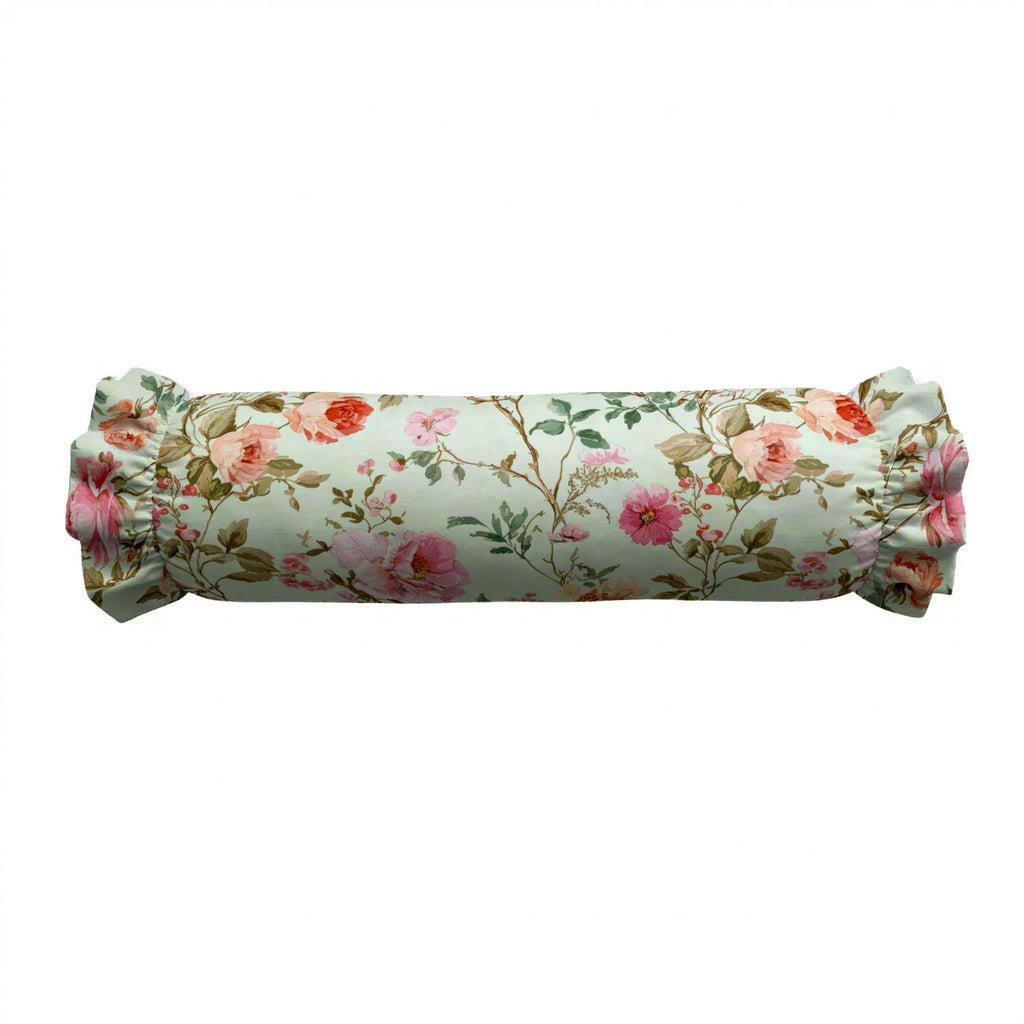 Floral patterned cylindrical pillow on a white background