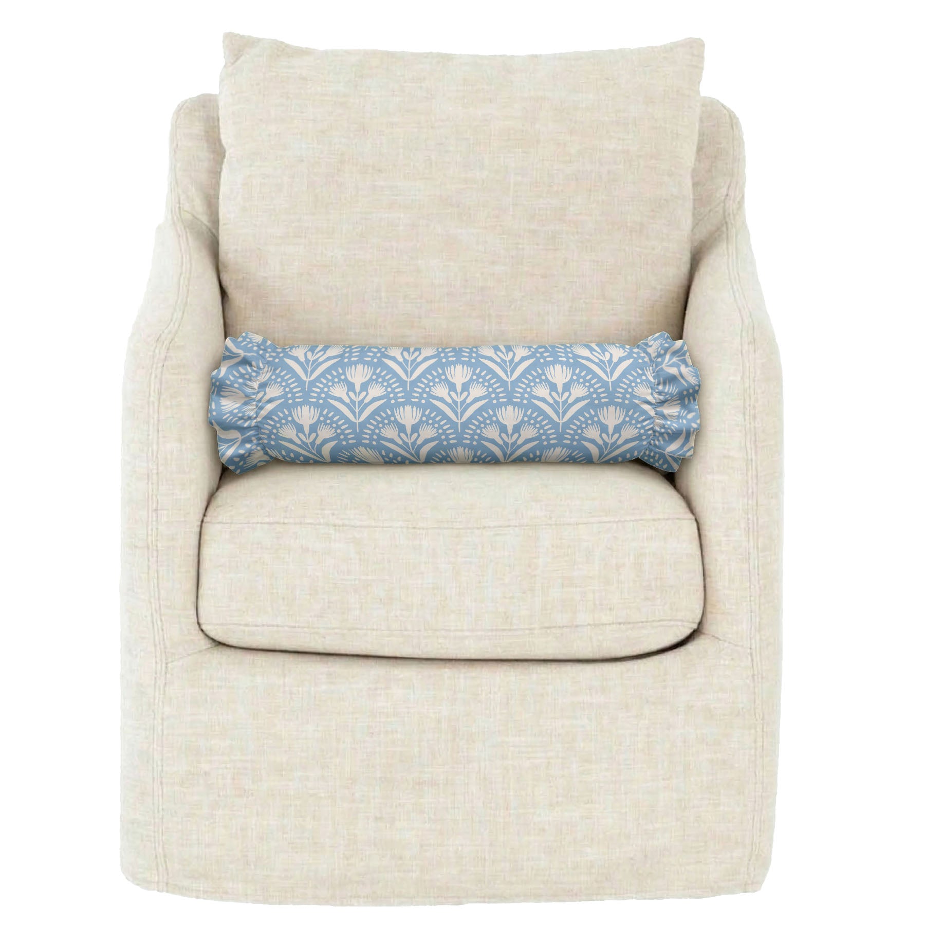 Beige armchair with a blue patterned cylindrical pillow on a white background