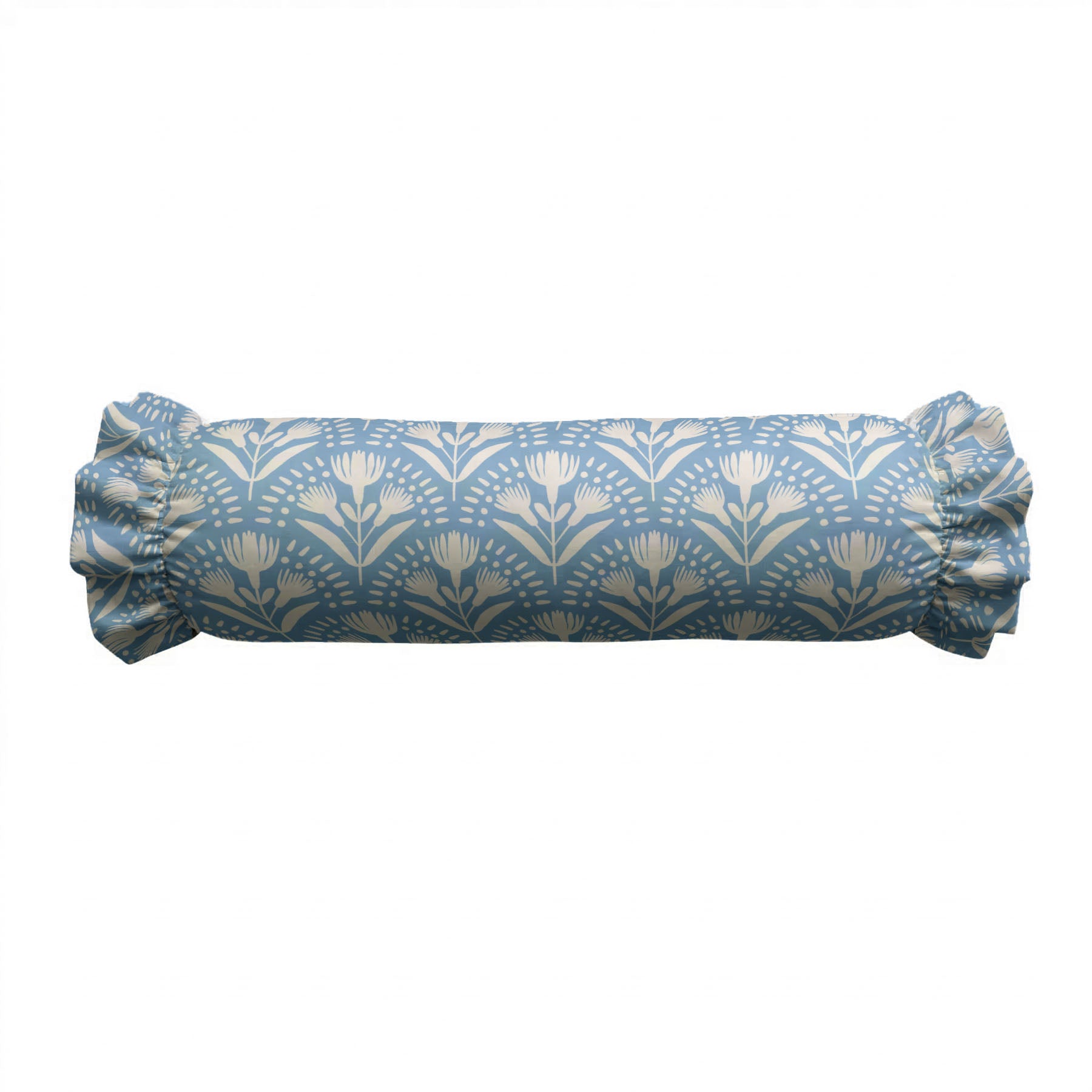 Blue cylindrical pillow with floral pattern on a white background