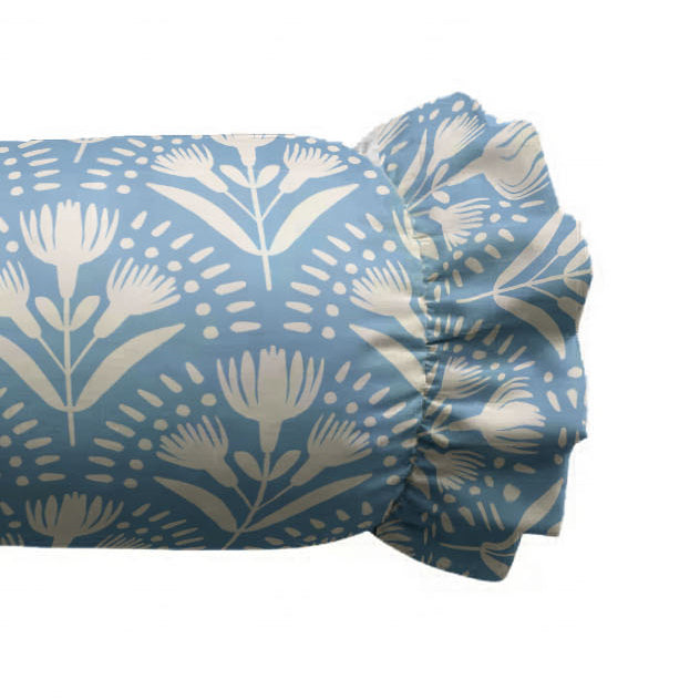 Blue floral patterned fitted sheet on a white background
