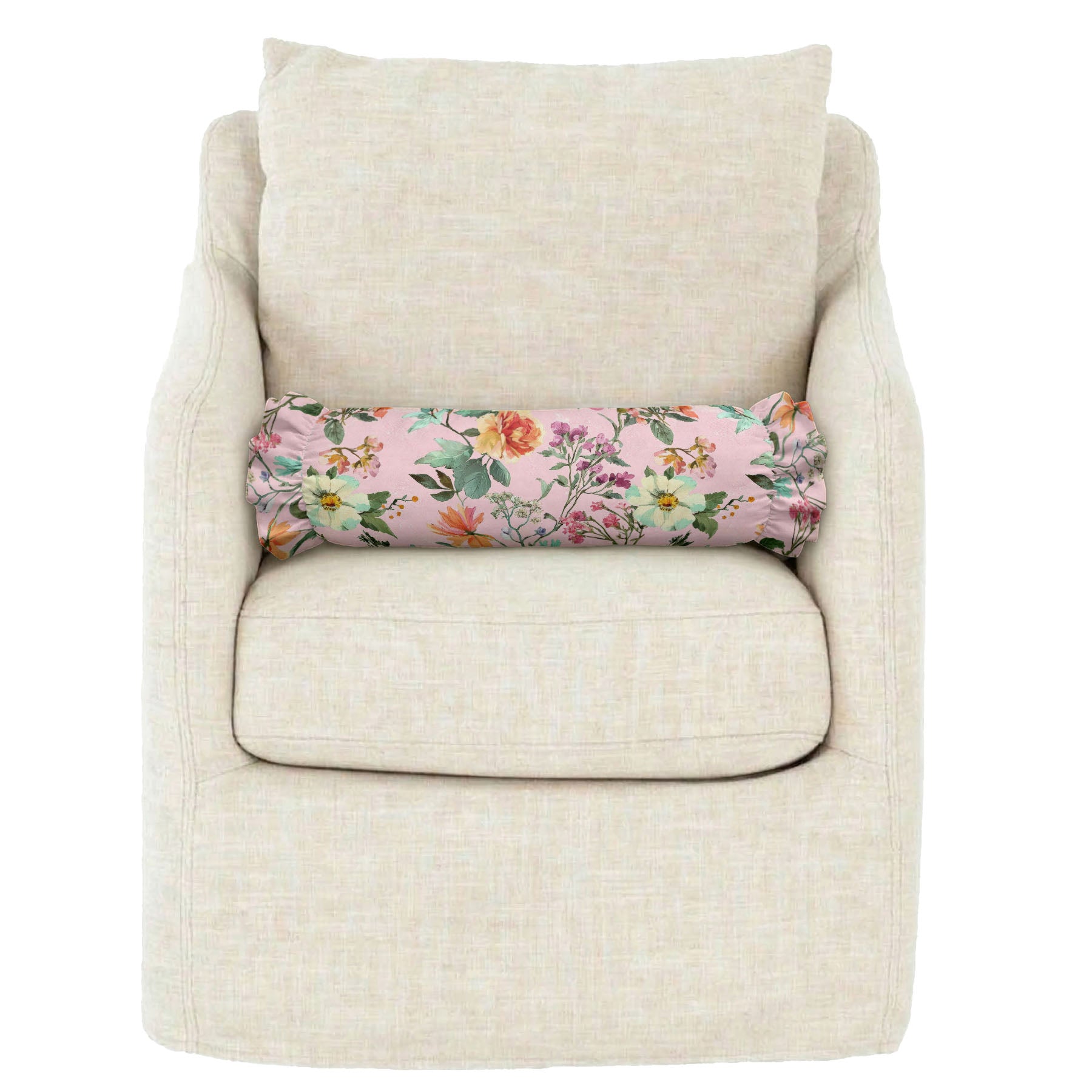 Beige armchair with a floral pillow on a white background