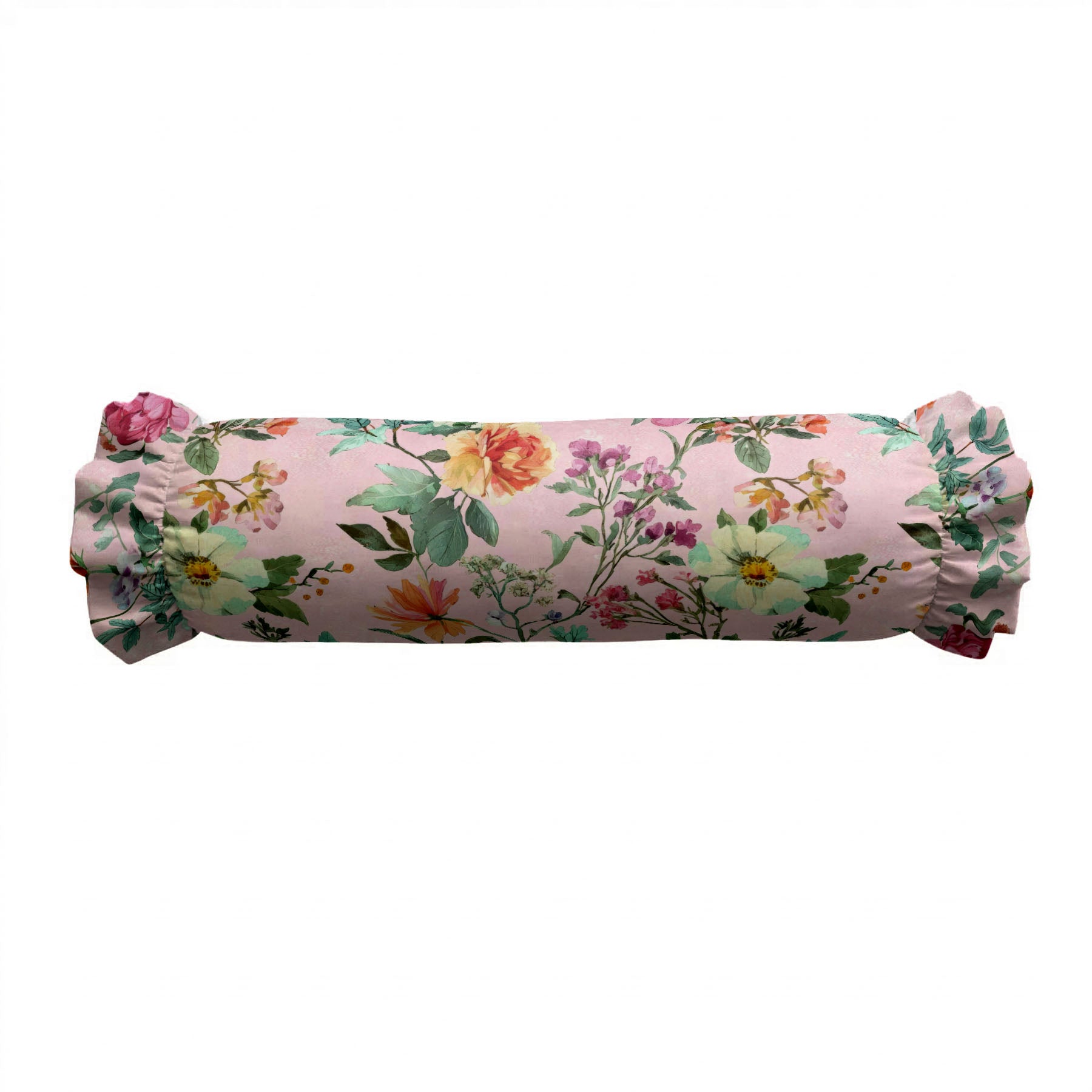 Floral-patterned cylindrical pillow on a white background