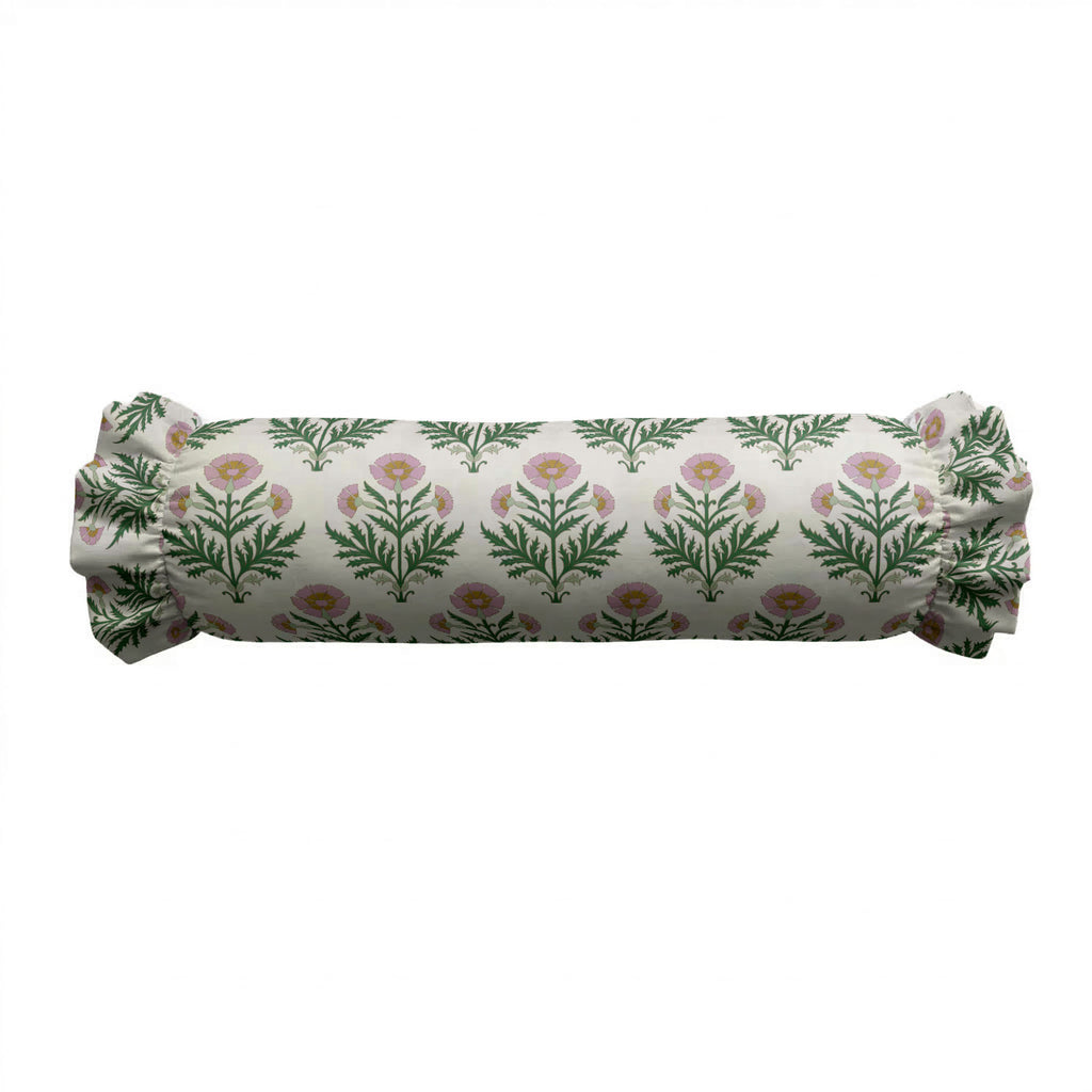 Roll-shaped pillow with yellow and white stripes on a white background