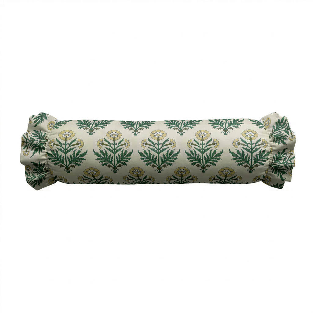 Rolled-up fabric with green leaf pattern on a white background