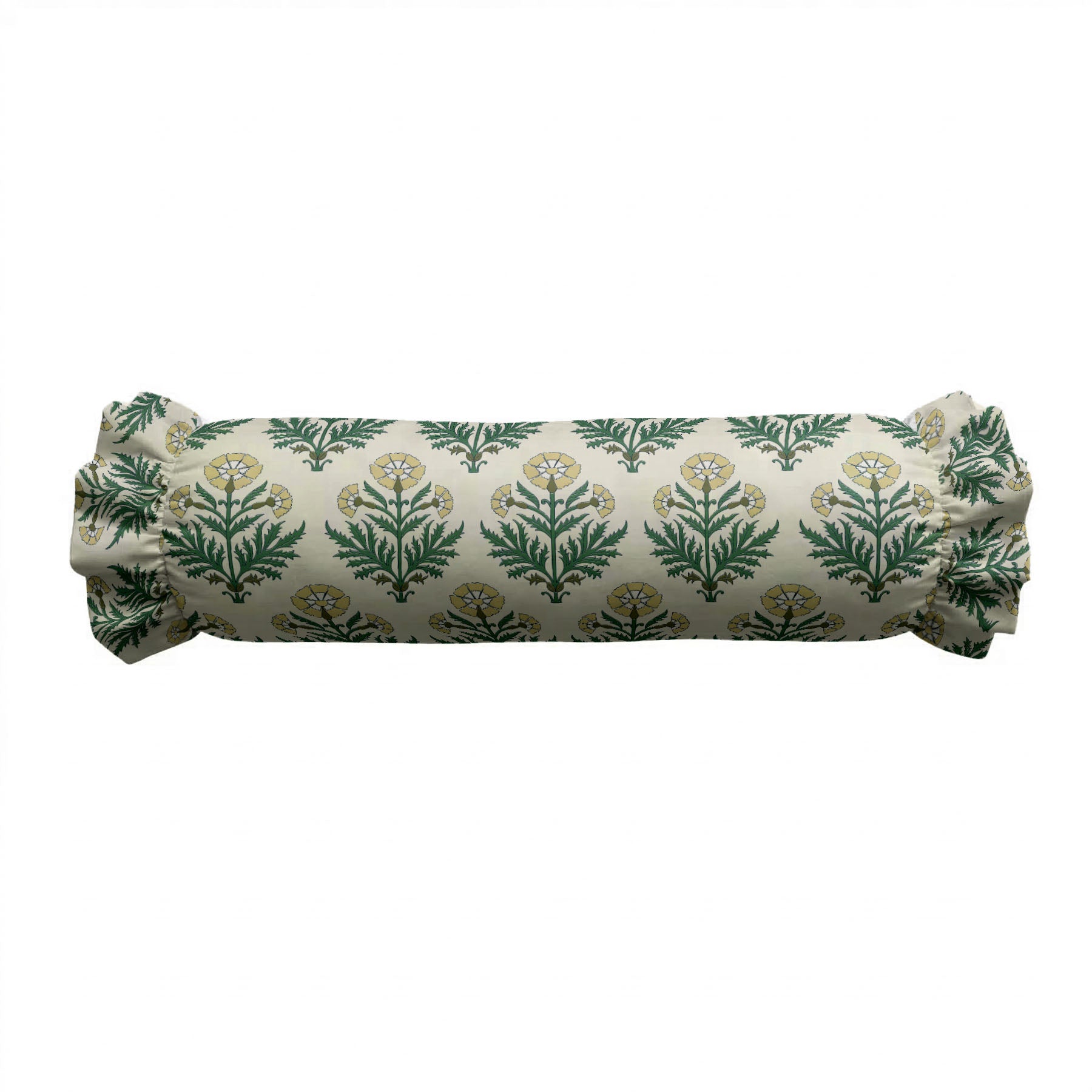 Rolled-up fabric with green leaf pattern on a white background