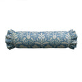 Blue cylindrical pillow with floral pattern on a white background