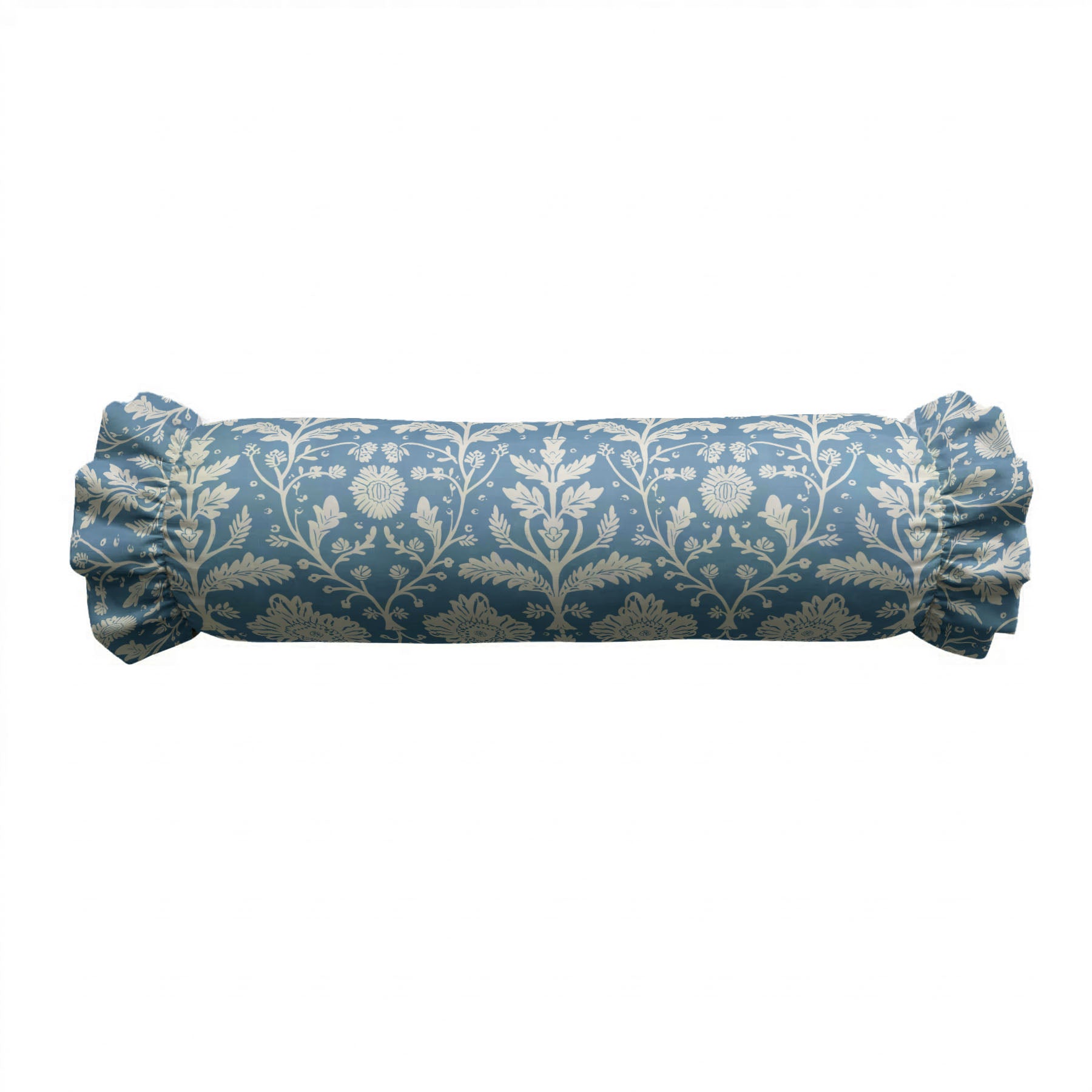 Blue cylindrical pillow with floral pattern on a white background