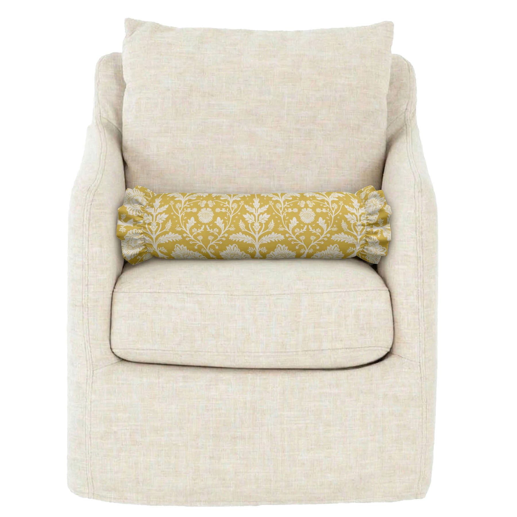 Beige armchair with a yellow patterned pillow on a white background