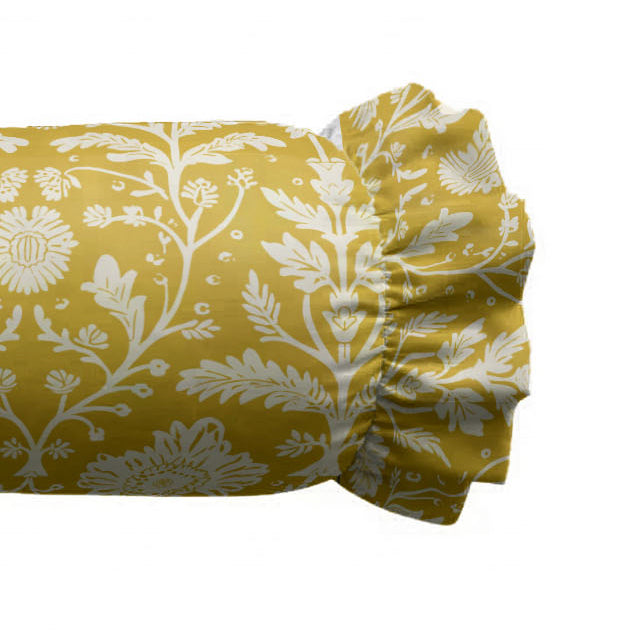 Yellow fitted sheet with white floral pattern on a white background