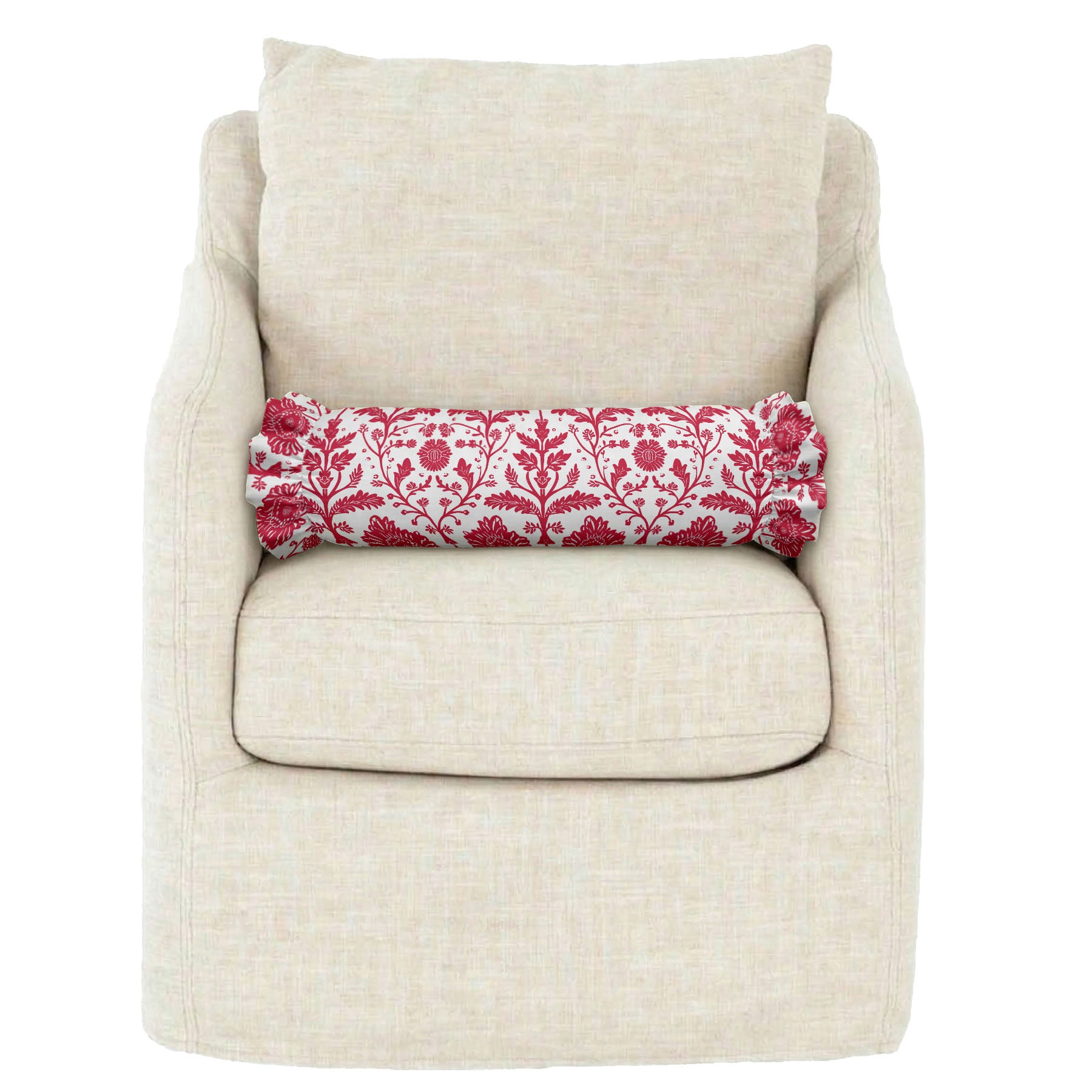 Beige armchair with a red and white patterned cylindrical pillow on a white background