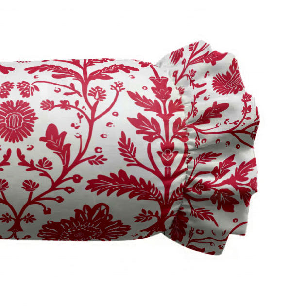 Red floral pattern on a white fabric swatch