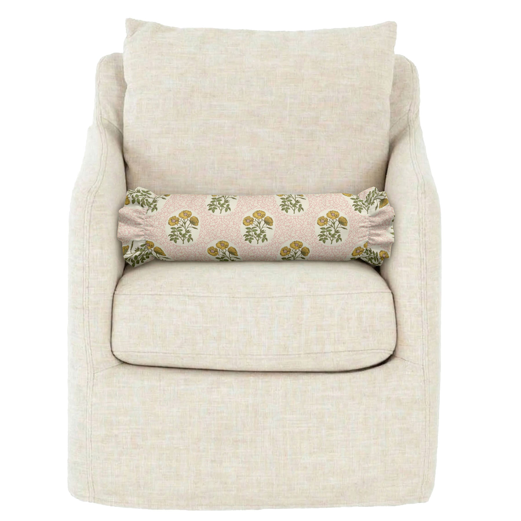 Beige armchair with a floral-patterned cylindrical pillow on a white background
