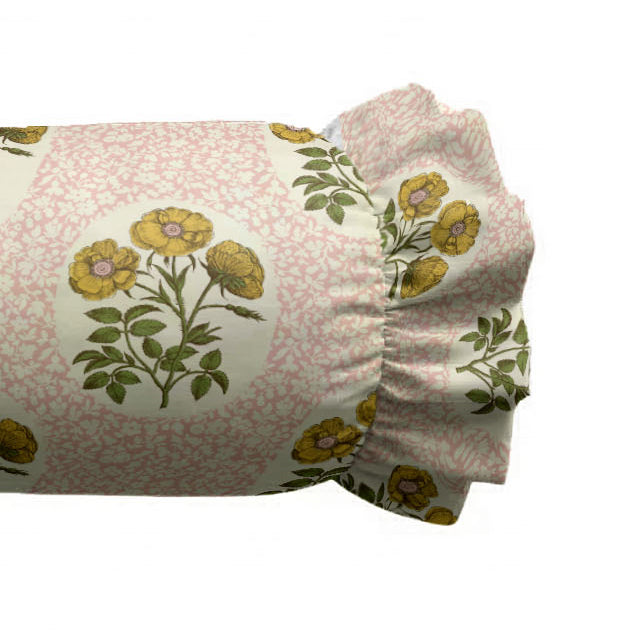 Floral patterned fabric roll on a white background