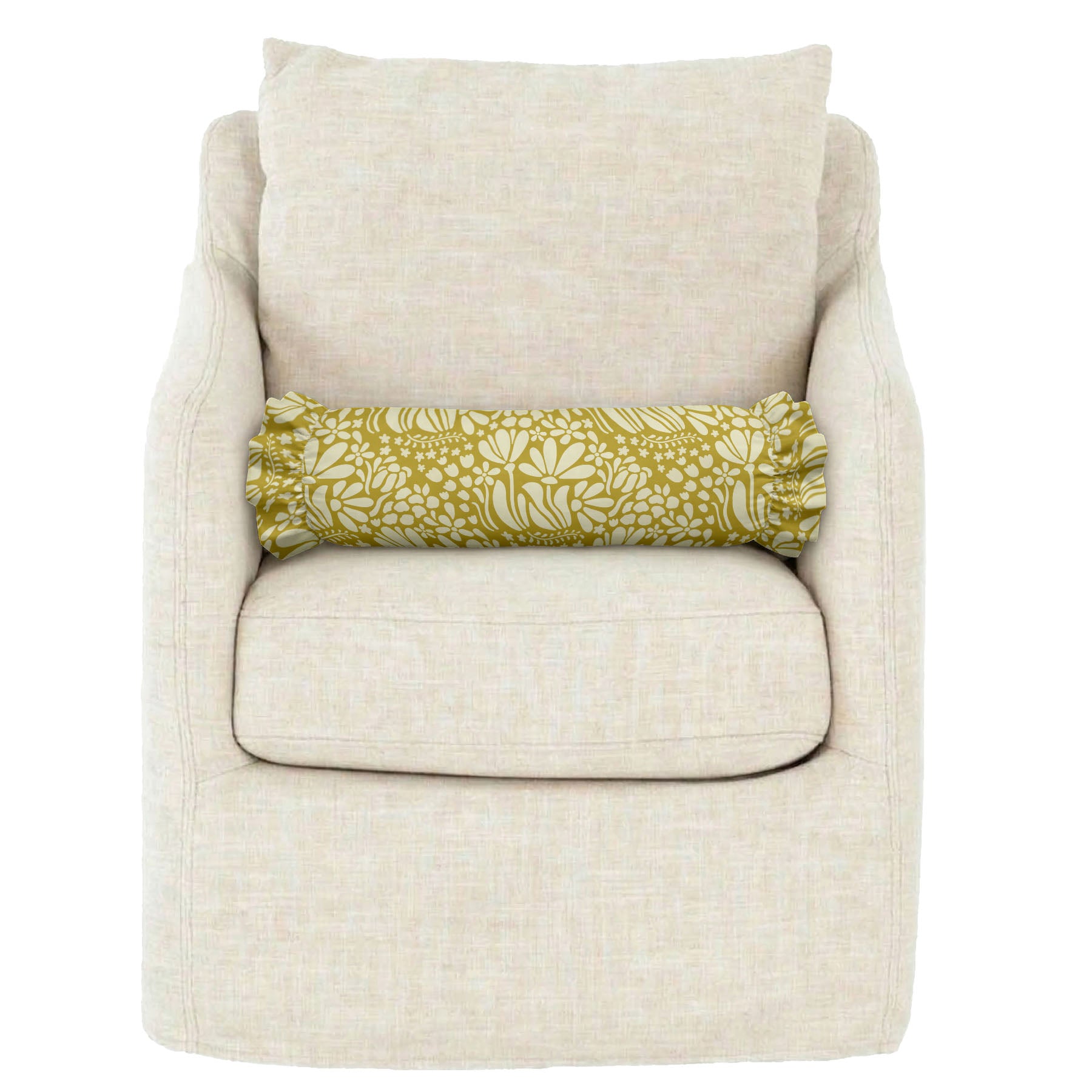 Beige armchair with a yellow floral-patterned pillow on a white background