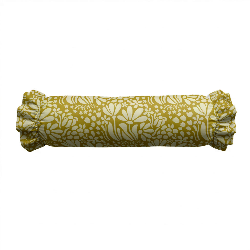 Roll of yellow fabric with white floral pattern on a white background