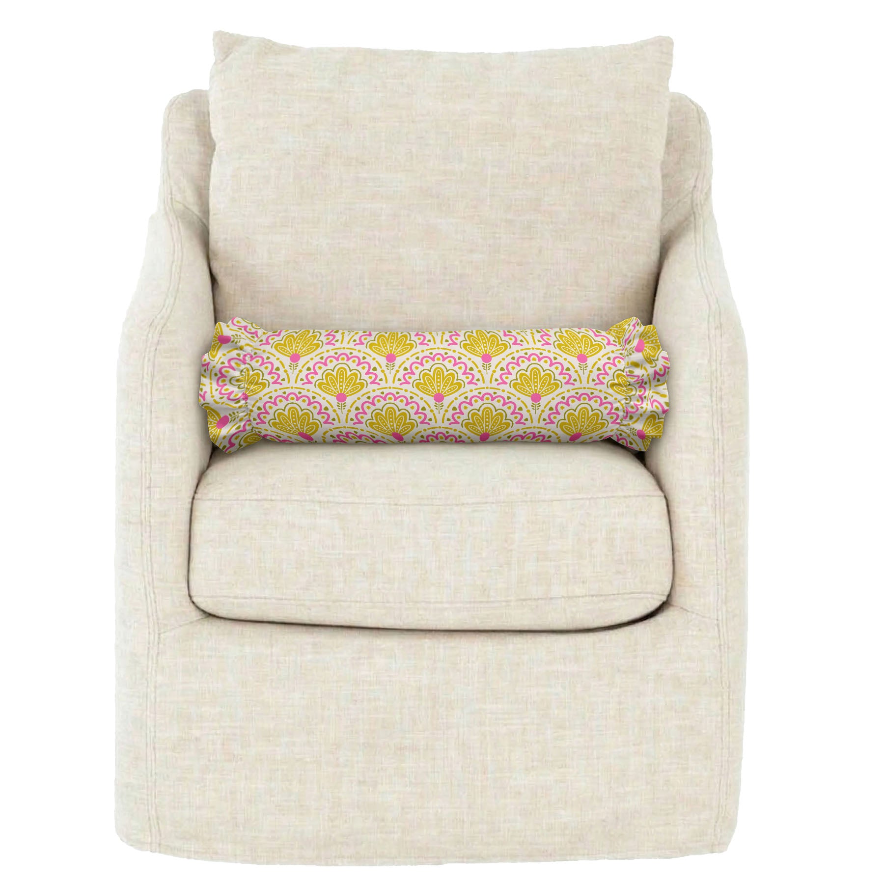 Beige armchair with a decorative pillow featuring a pink and yellow pattern on a white background