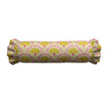 Decorative cylindrical pillow with a yellow and pink pattern on a white background