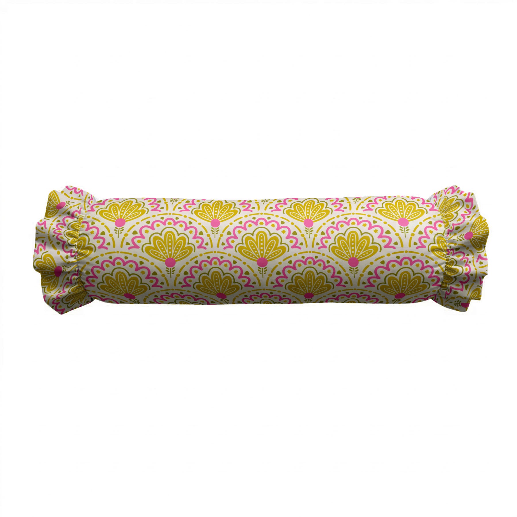 Decorative cylindrical pillow with a yellow and pink pattern on a white background