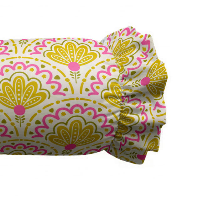 Patterned fabric roll with yellow and pink design on a white background
