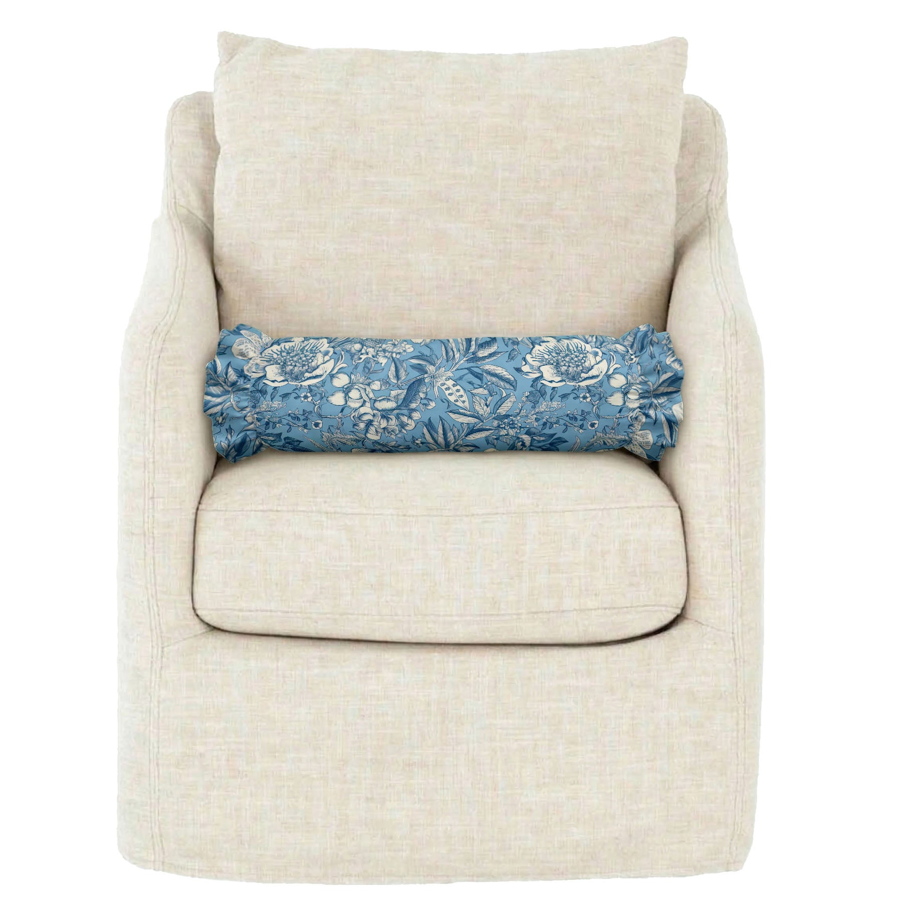 Beige armchair with a blue floral pillow on a white background